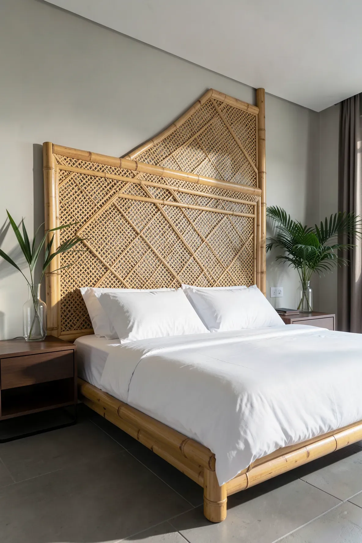 A bamboo headboard with a sophisticated diamond cross-hatch rattan inlay.