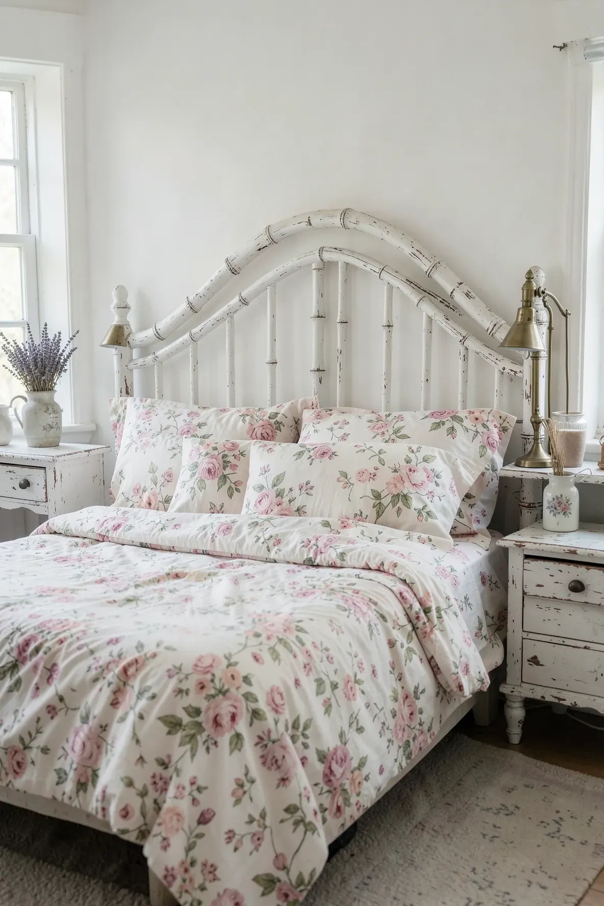 A shabby chic bedroom with a distressed white bamboo headboard and floral bedding.