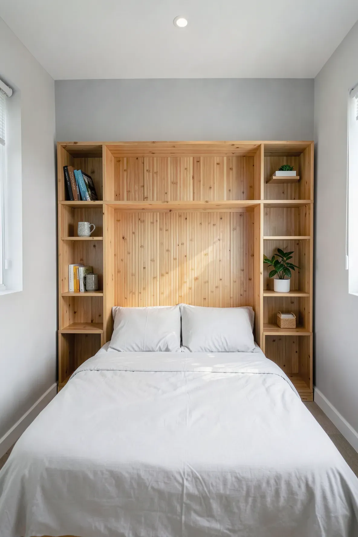A functional bamboo headboard with built-in side shelves in a small, organized bedroom.