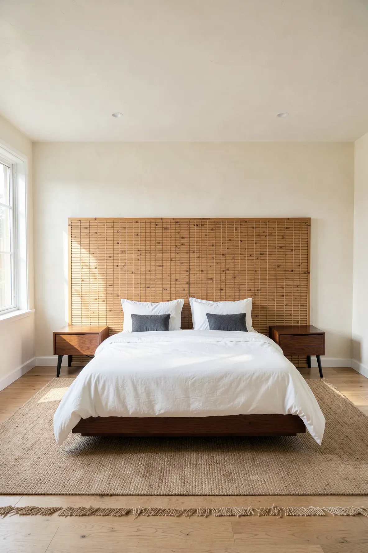 A wide bamboo headboard spanning behind a bed and two nightstands in a bright, modern bedroom.