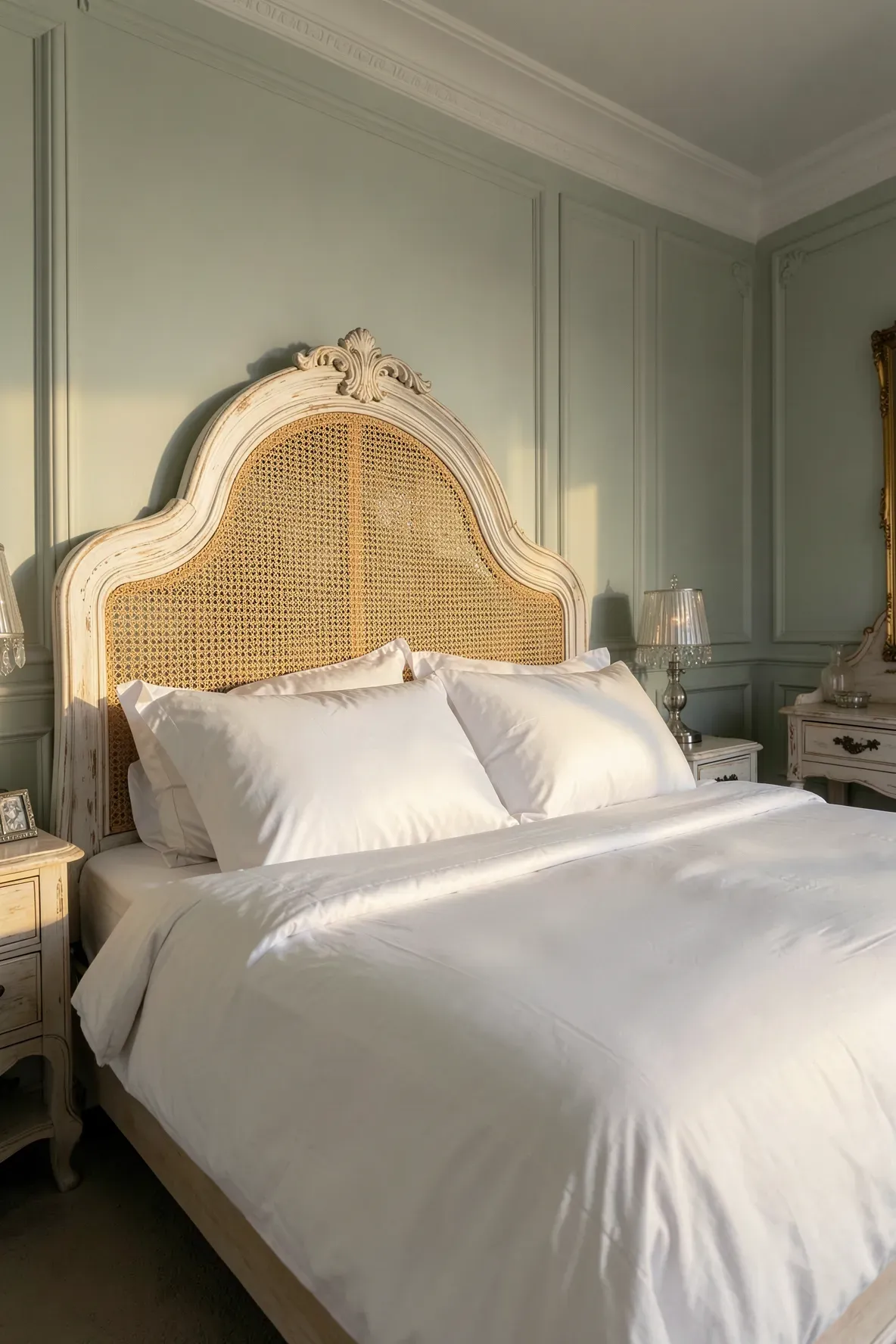 An elegant French Provincial bedroom with a curved white-washed cane headboard and formal decor.