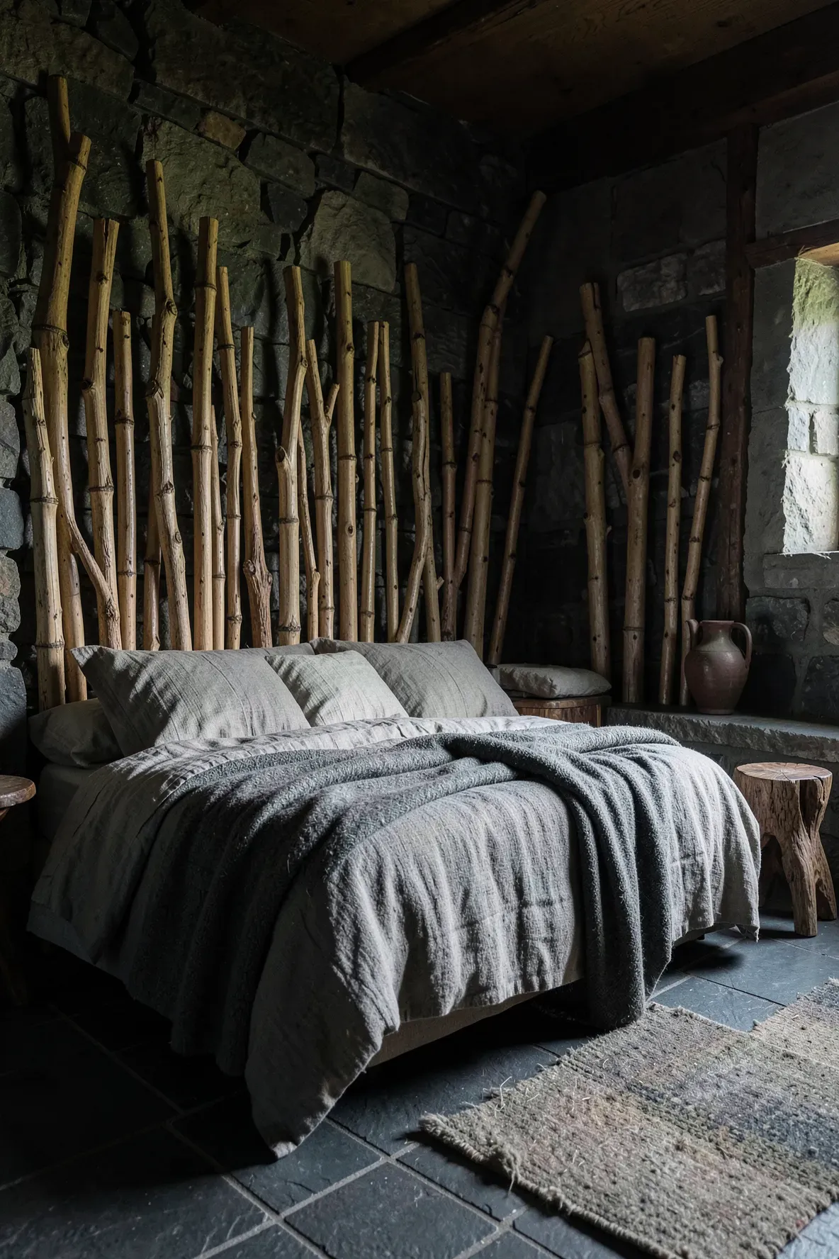 A rustic bedroom featuring a raw bamboo branch headboard against a textured stone wall.