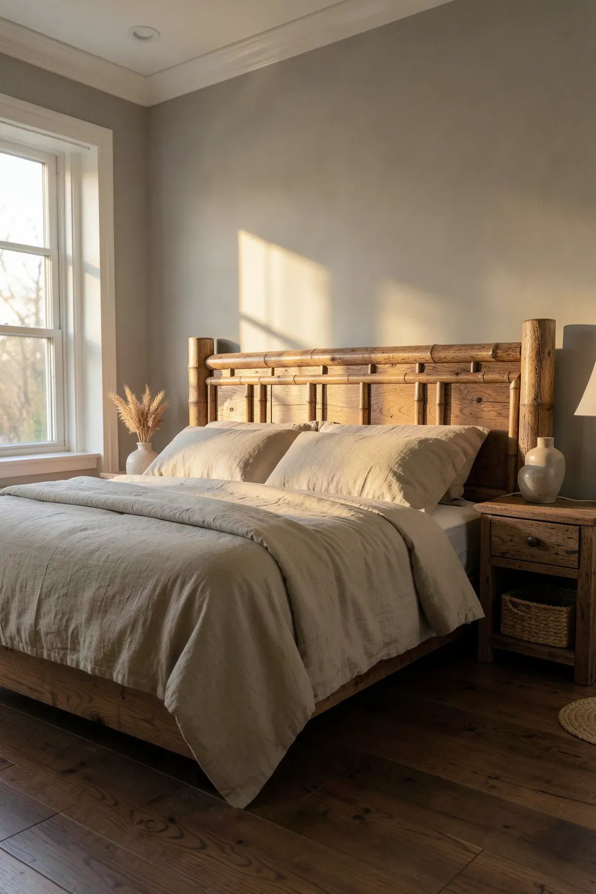 A natural wood headboard with bamboo-style carvings and neutral linen bedding in a sunlit bedroom.