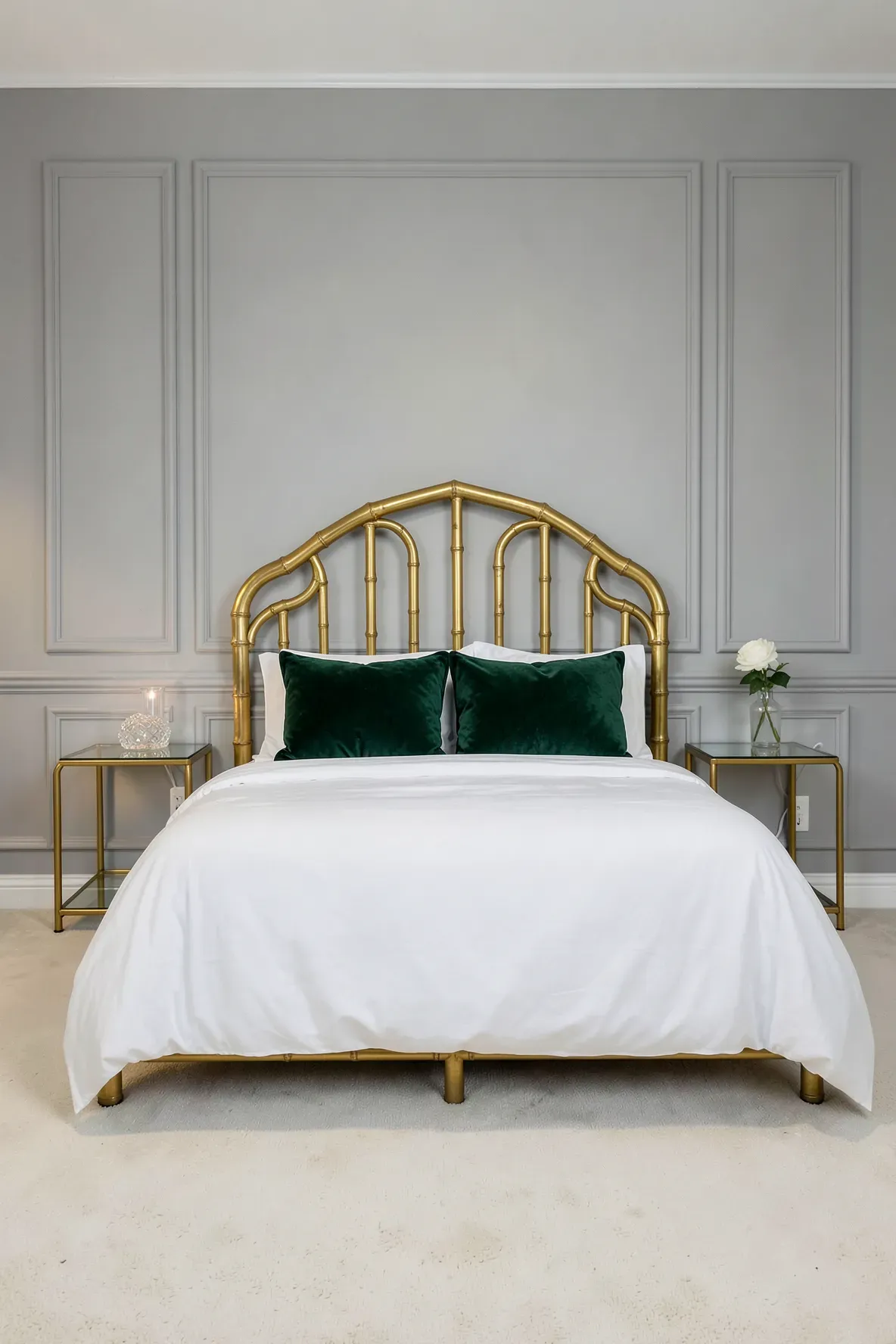 A vintage gold leaf metal faux bamboo headboard with white linens and emerald velvet pillows.