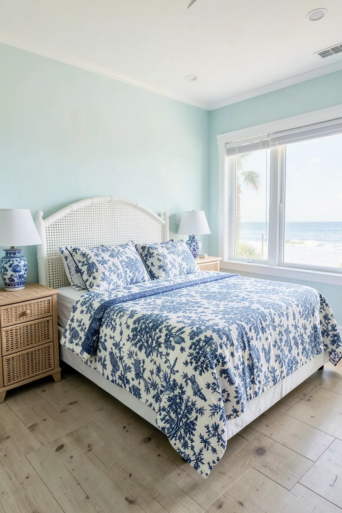 A coastal bedroom with a white faux bamboo headboard and blue and white Chinoiserie patterned bedding.