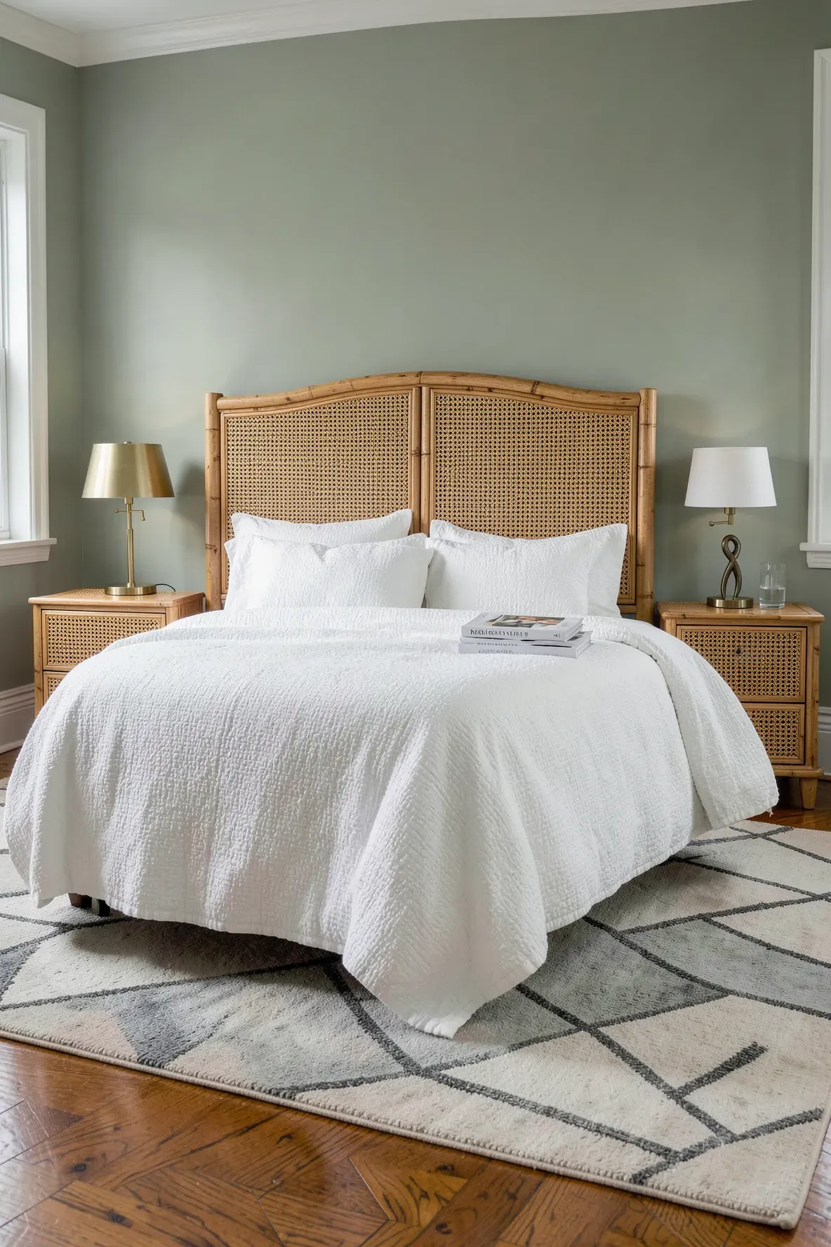 A bedroom set featuring a faux bamboo headboard with inset cane panels and matching furniture.