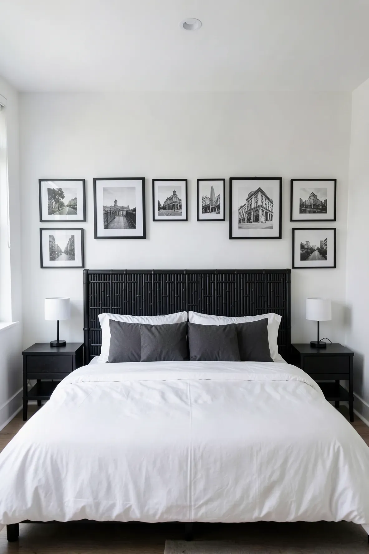 A matte black faux bamboo headboard styled with white bedding and black and white wall art.