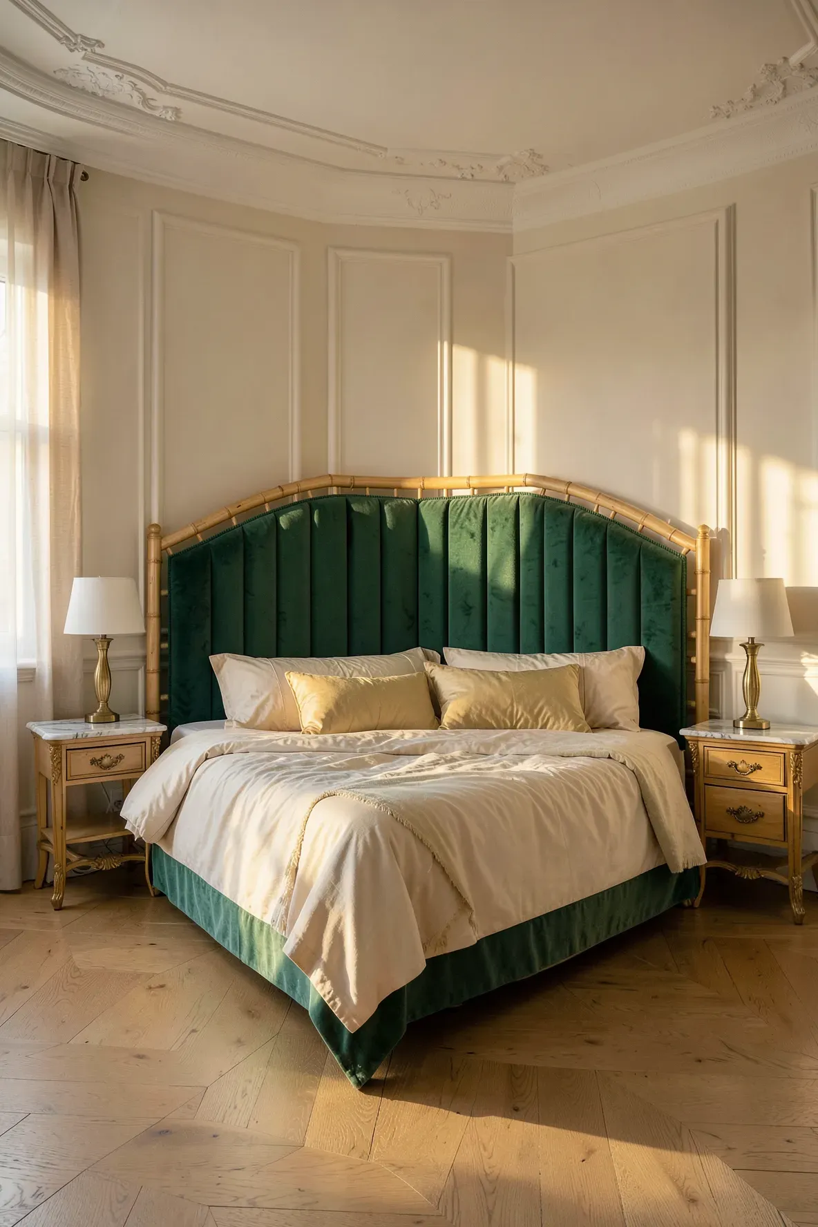 A faux bamboo headboard with emerald green velvet upholstery in a French-style bedroom.