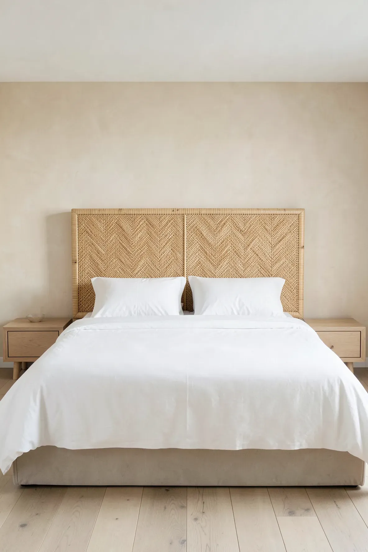 A woven bamboo headboard with a geometric herringbone pattern and simple white bedding.