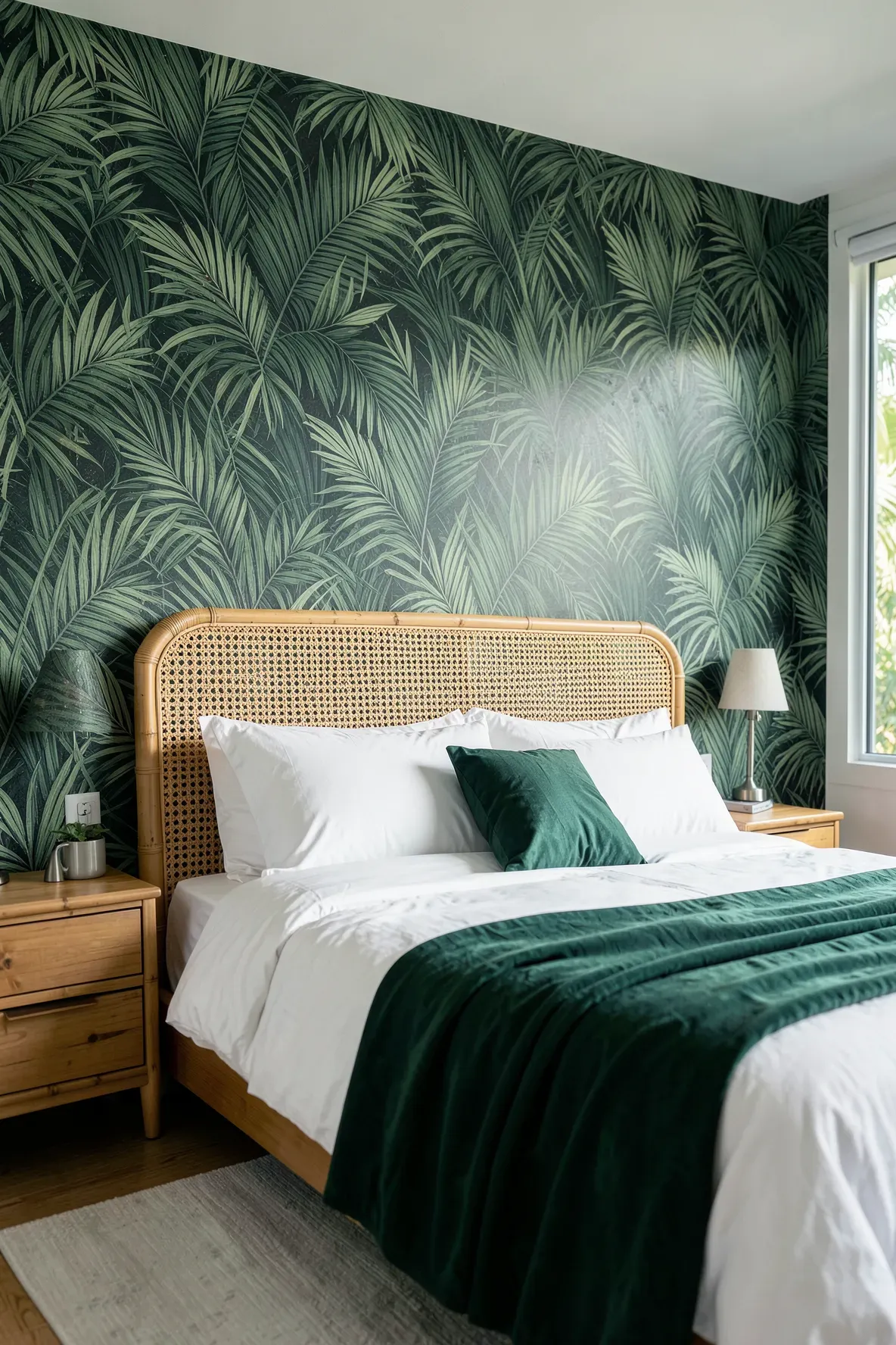 A natural rattan headboard against a bold green palm leaf wallpaper in a tropical bedroom.