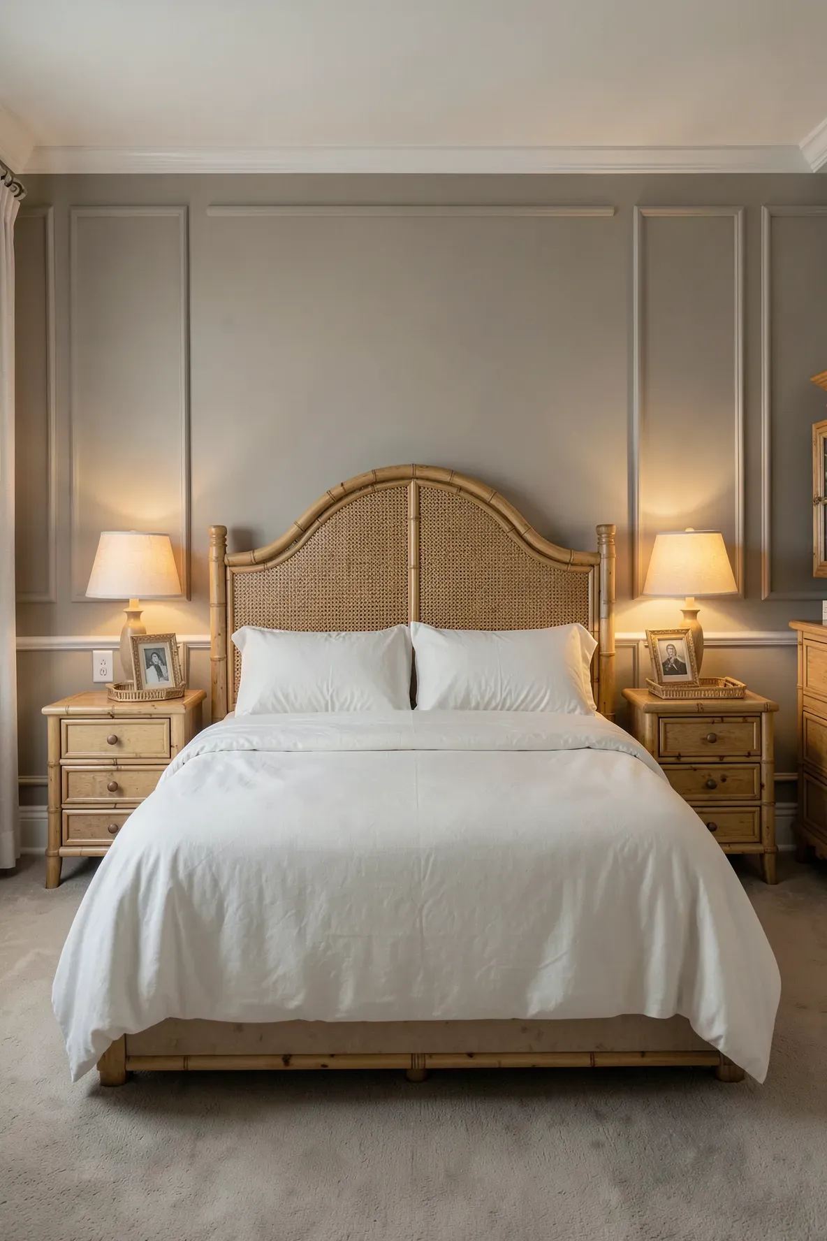 A bedroom with a matching faux bamboo headboard and nightstands for a cohesive look.