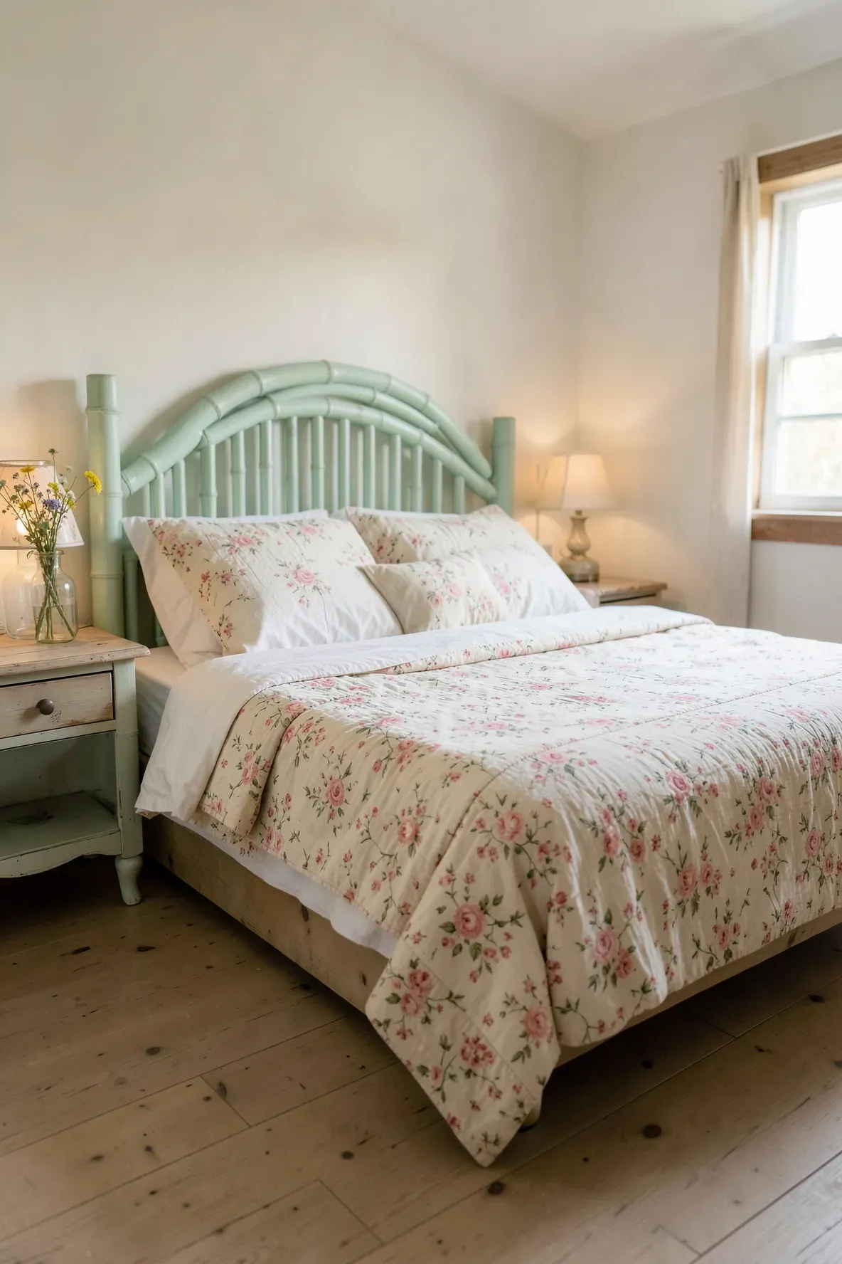 A mint green faux bamboo headboard in a cozy cottage bedroom with floral quilts.