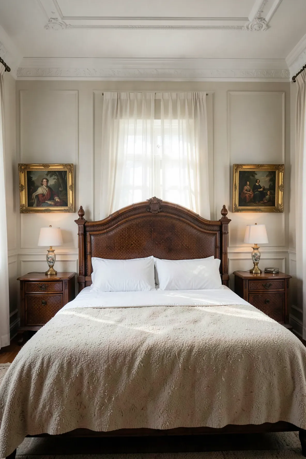 A formal bedroom featuring a dark mahogany faux bamboo headboard with white linens and oil paintings.