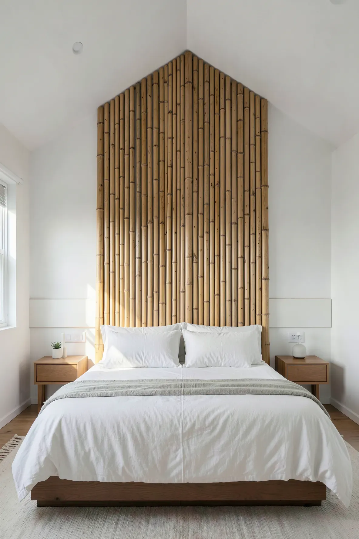 A bedroom featuring a tall headboard made of vertical bamboo poles against a white wall with minimalist bedding.
