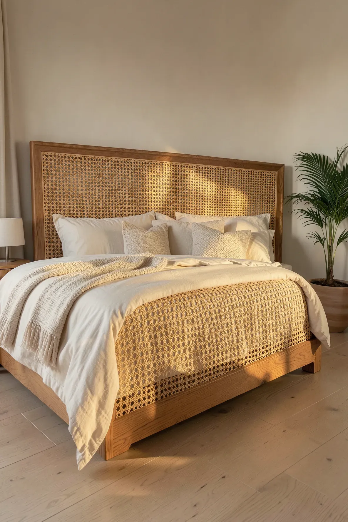 A classic rattan webbing headboard with a solid wood frame in a bright, coastal-style bedroom.