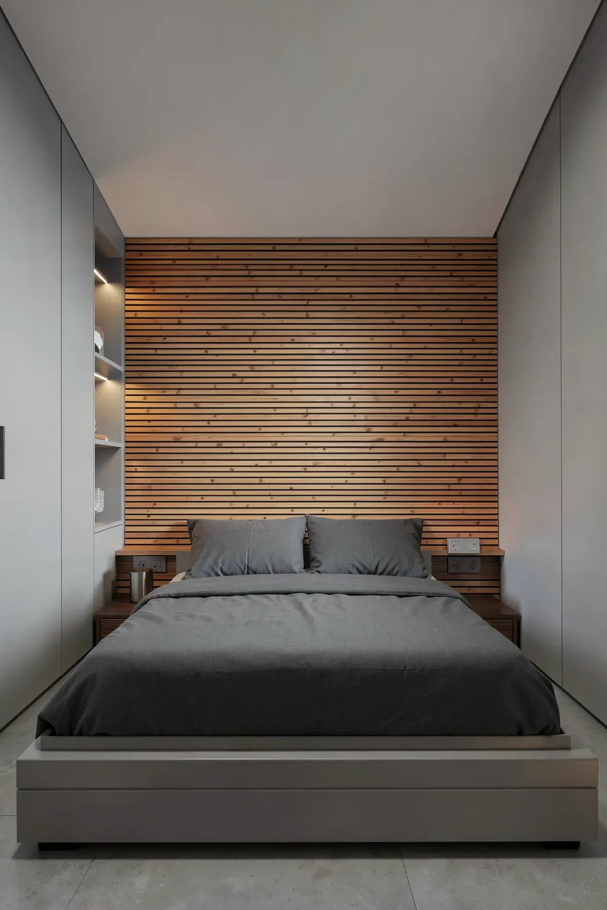 A modern bedroom featuring a headboard made of horizontal split bamboo slats that make the room look wider.