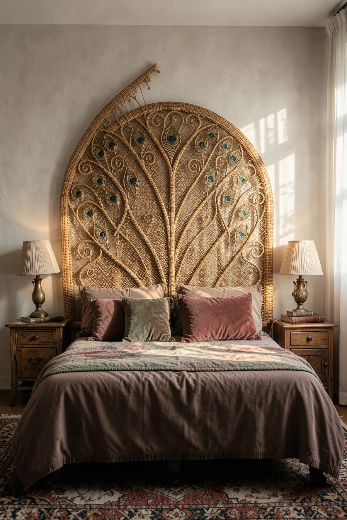 An intricate arched wicker headboard with decorative swirls in a vintage-style bedroom.