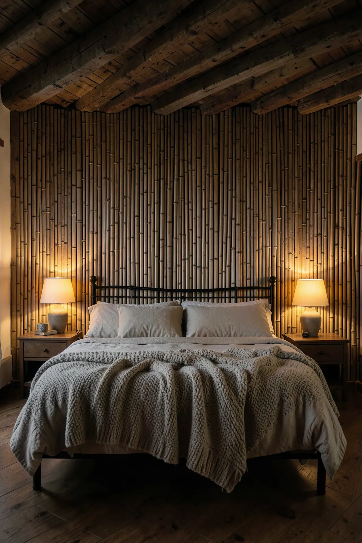 A rustic bedroom with a textured headboard made from a section of bamboo garden fencing mounted on the wall.
