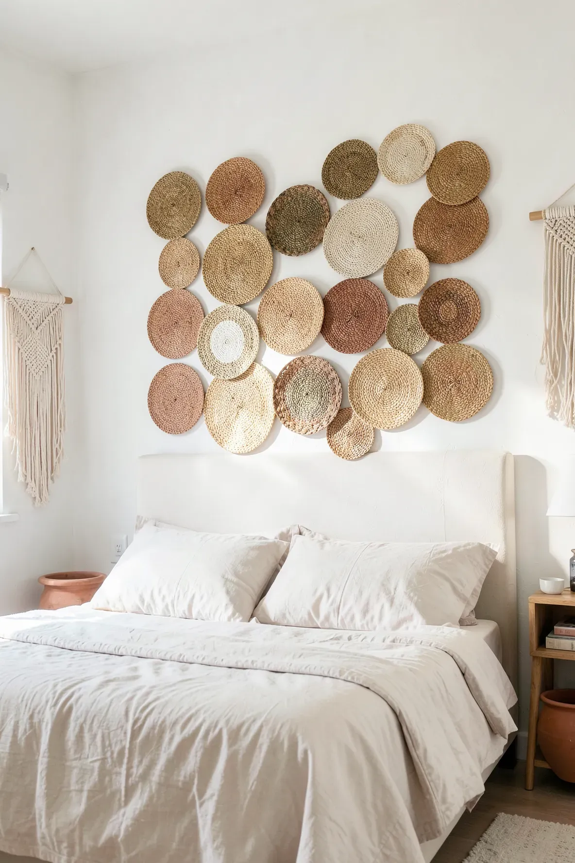 A creative headboard alternative made from a grid of circular woven rattan placemats on a bedroom wall.