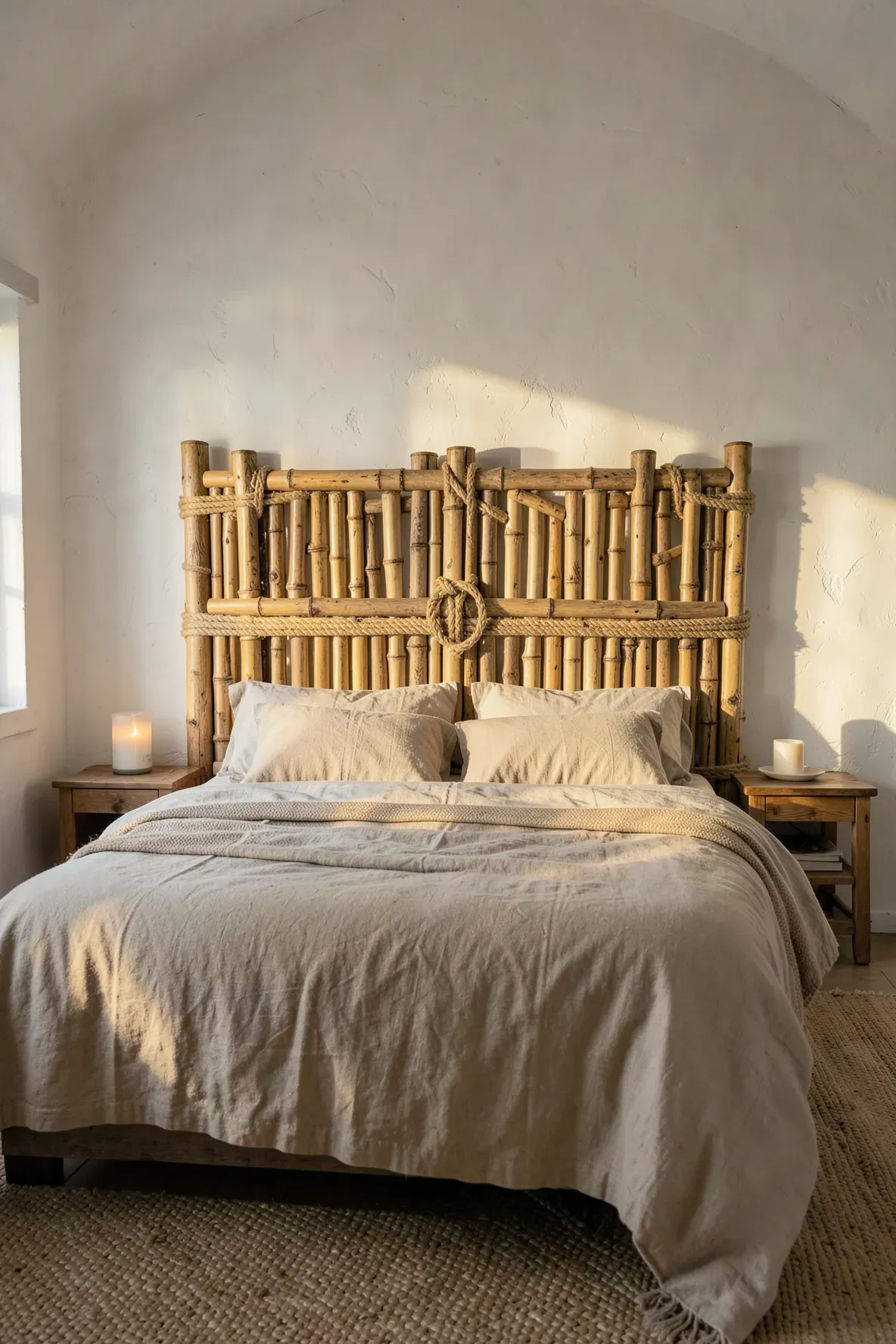A rustic bedroom with a headboard made of bamboo poles lashed together with Manila rope.