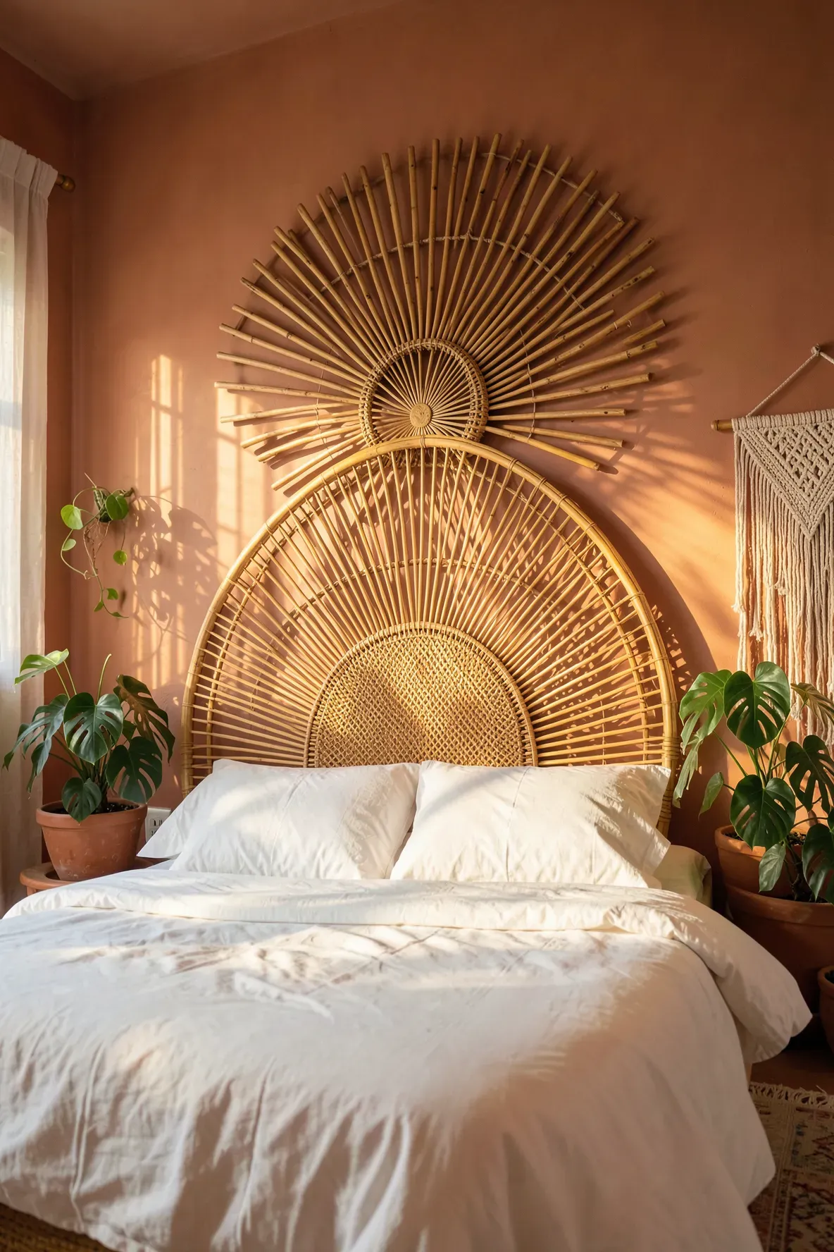 A Bohemian bedroom with a sunburst-style rattan headboard and lush indoor plants.