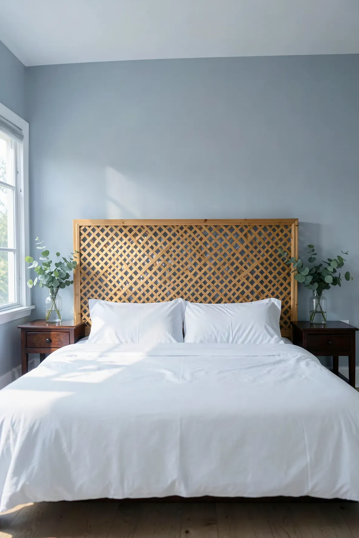 A clean, traditional bedroom with a diamond-pattern bamboo lattice headboard.