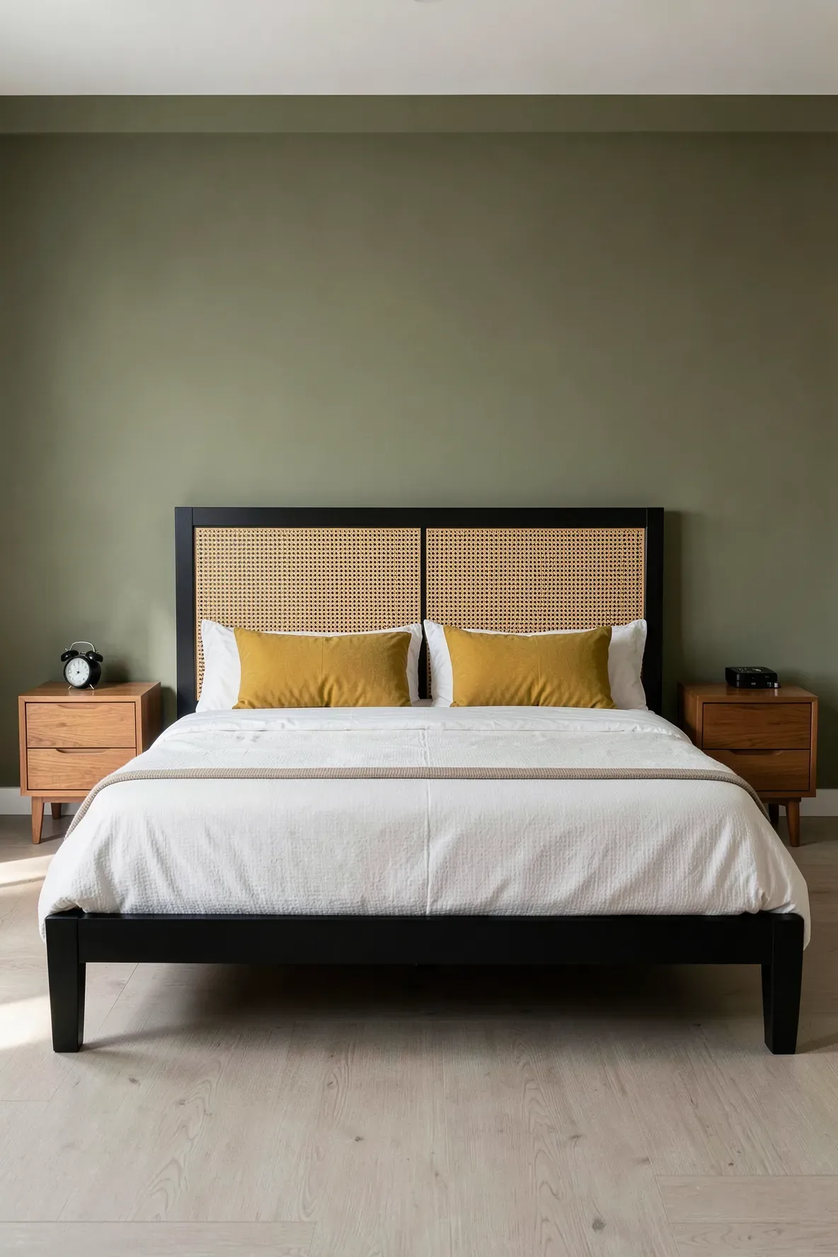 A contemporary bedroom with a cane webbing headboard featuring a bold black frame.