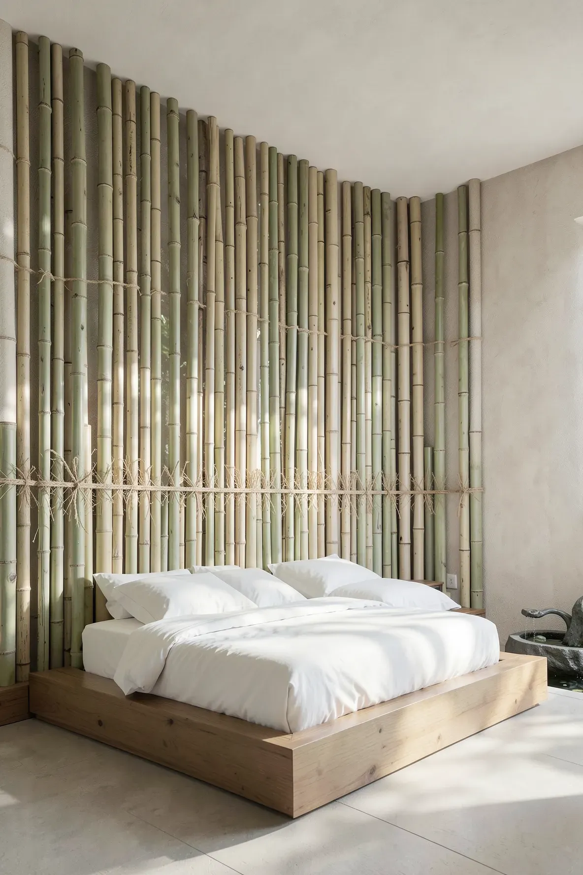 A Zen-style bedroom with a headboard made of tall bamboo stalks tied with jute twine.