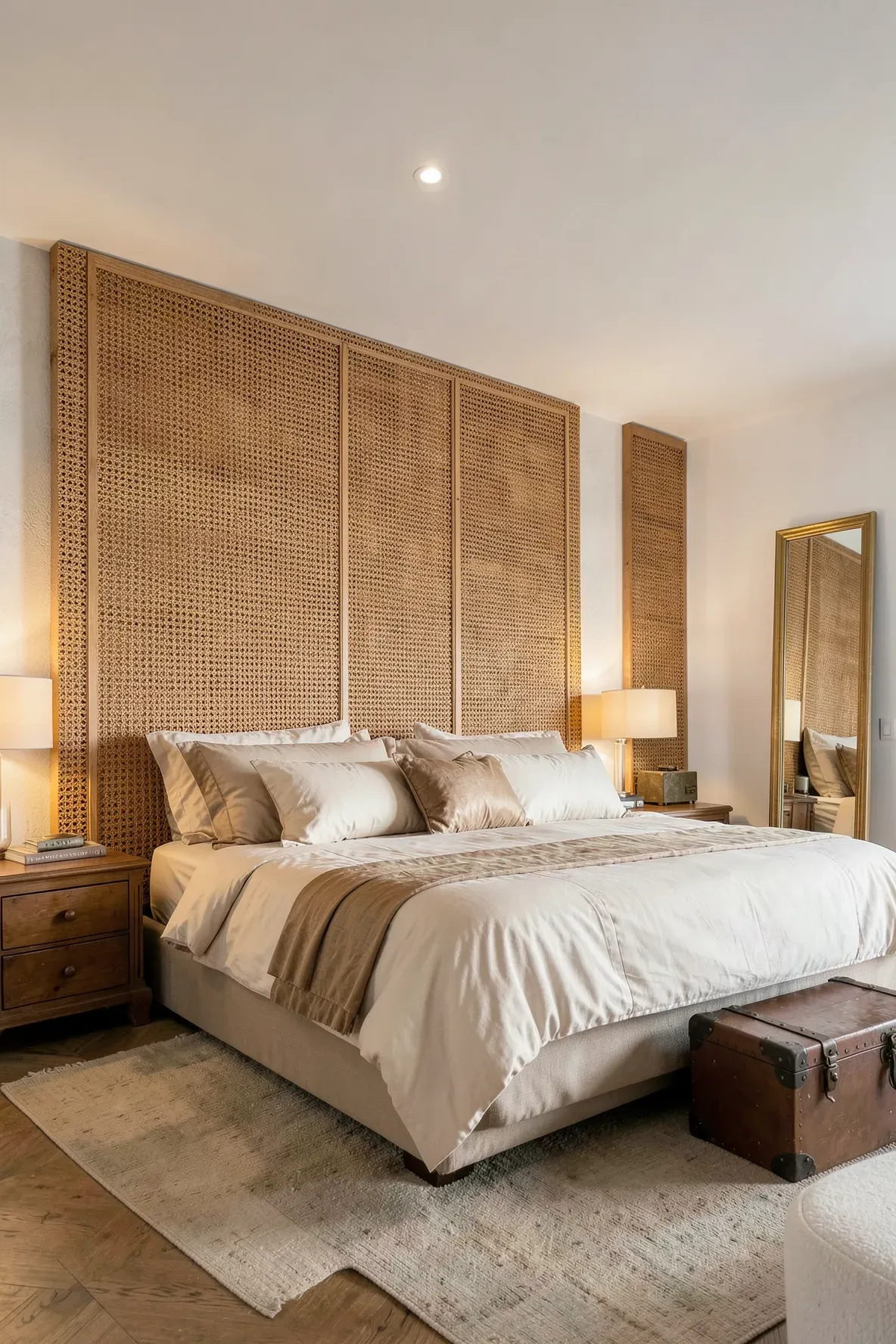 A luxurious bedroom with a large headboard made from repurposed rattan room divider panels.