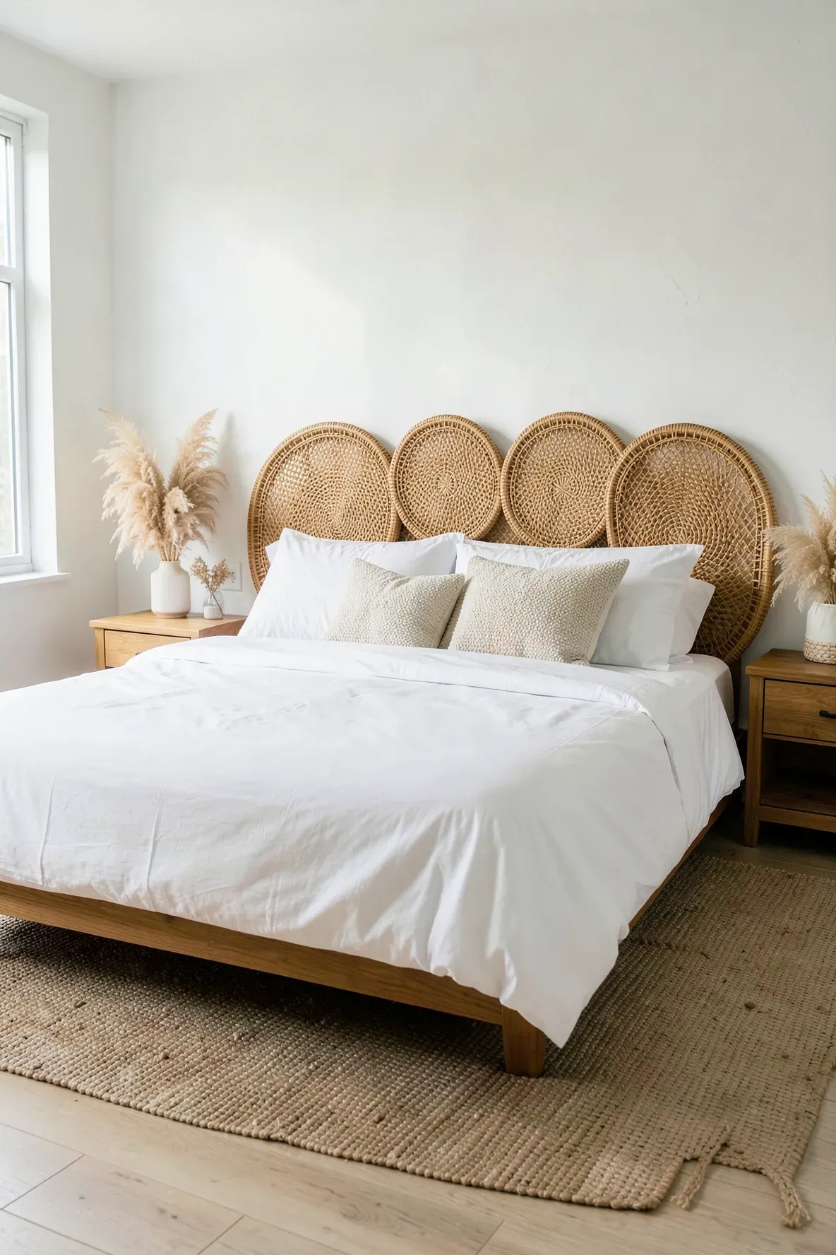 A bohemian bedroom featuring a headboard made of scalloped wicker half-moon shapes.