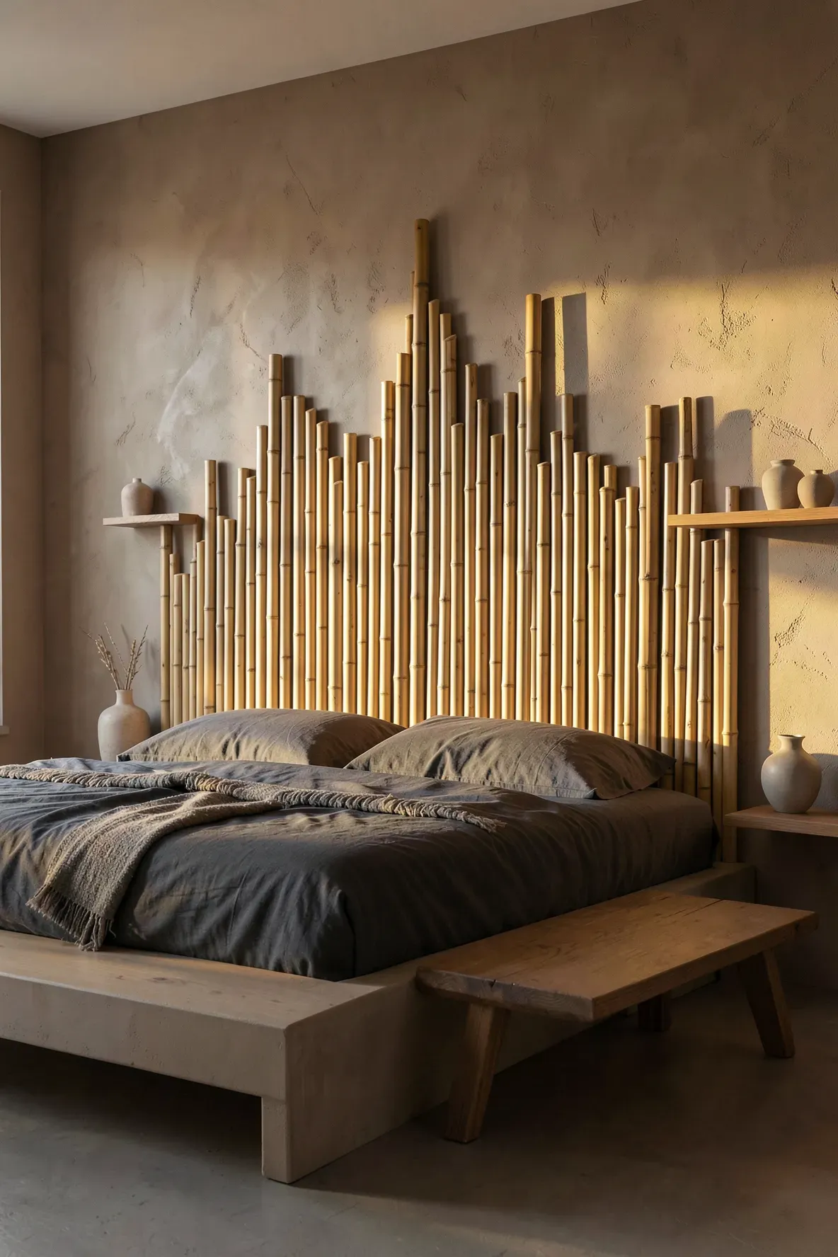 A headboard made of staggered bamboo poles arranged to look like a mountain range.