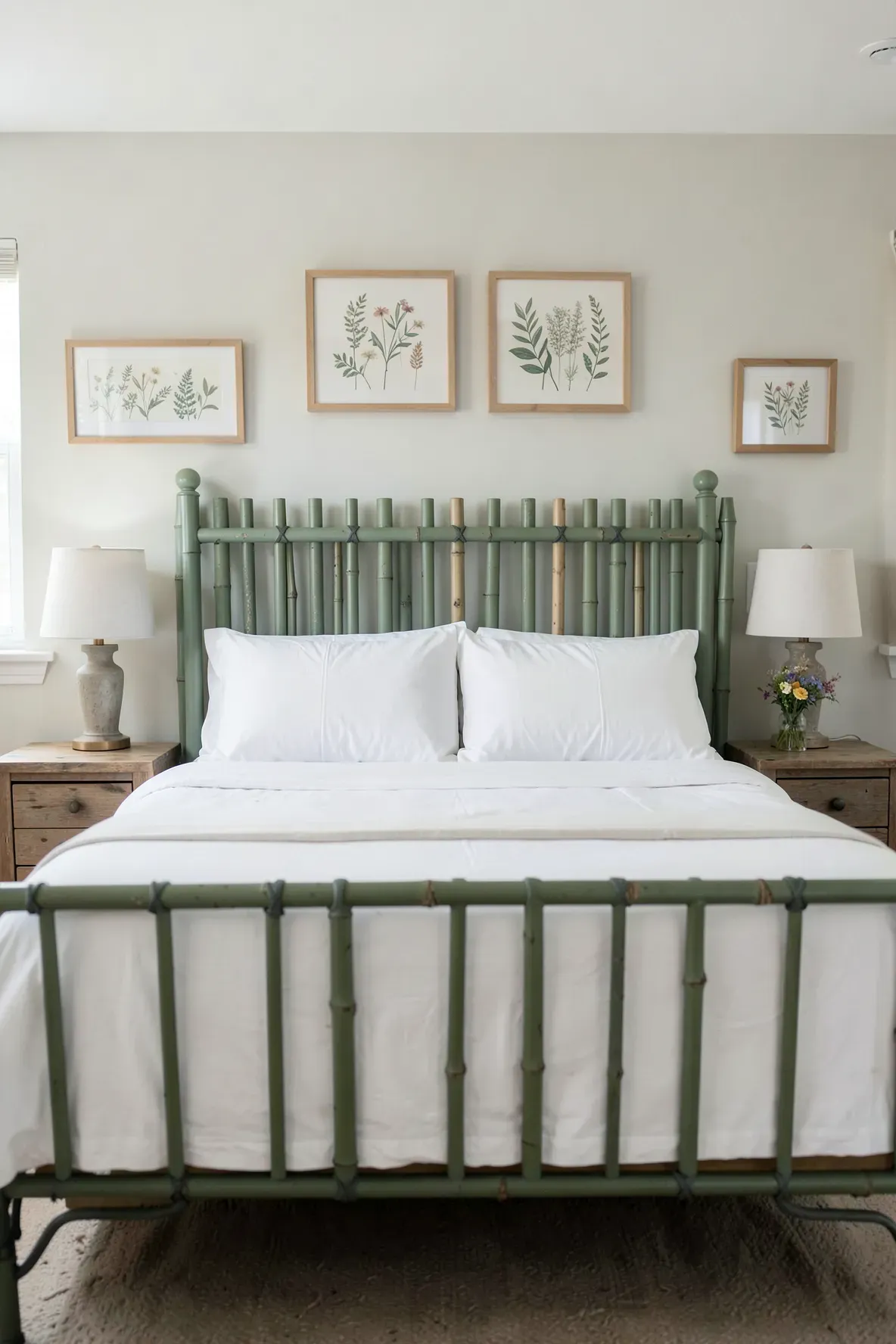 A guest bedroom with a sage green painted bamboo picket fence used as a headboard.