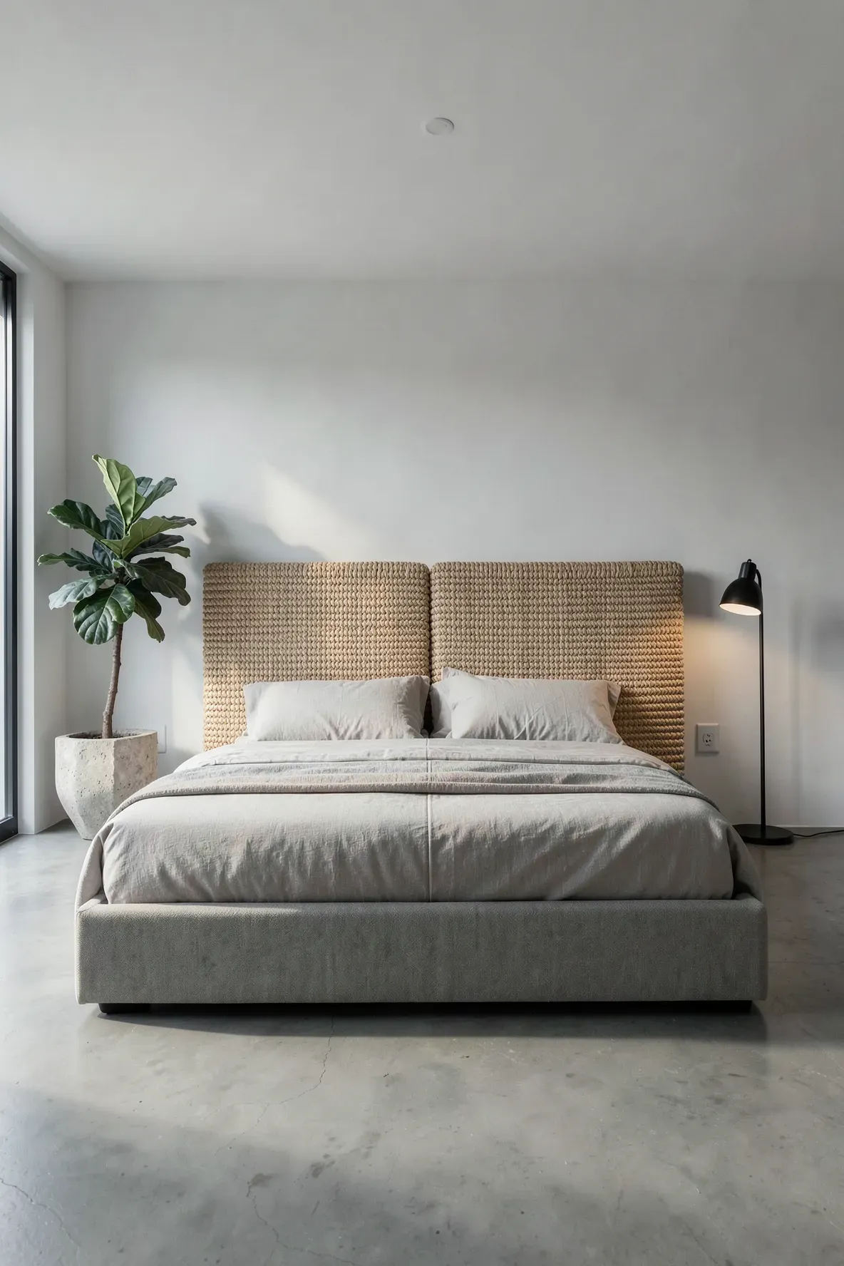 A bedroom featuring a headboard with a chunky, oversized weave made of wide reed strips.