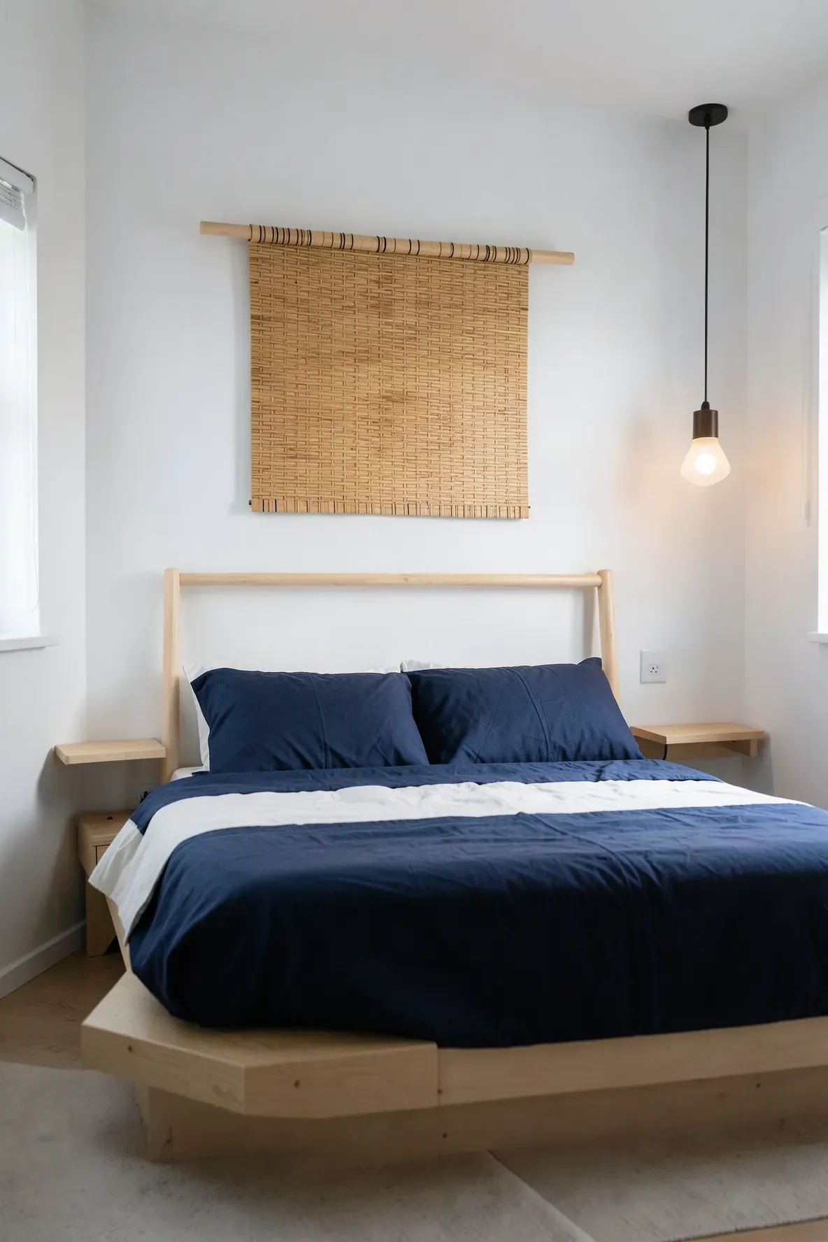 A small bedroom with a decorative bamboo mat hanging from a dowel as a headboard.