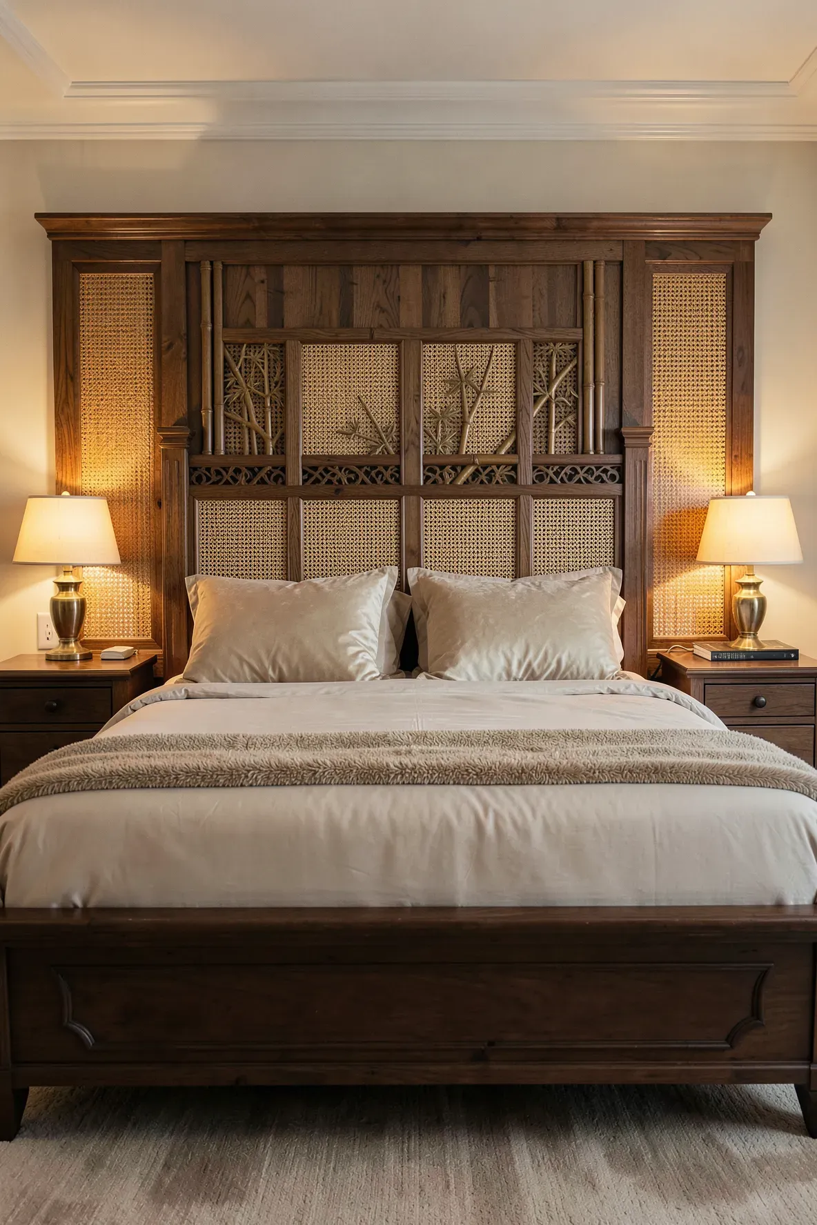 A luxurious wooden headboard with recessed panels filled with woven bamboo inlay.