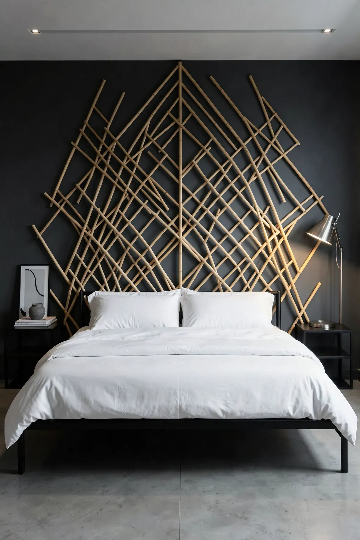A modern headboard with a diamond pattern made of light bamboo sticks on a dark background.
