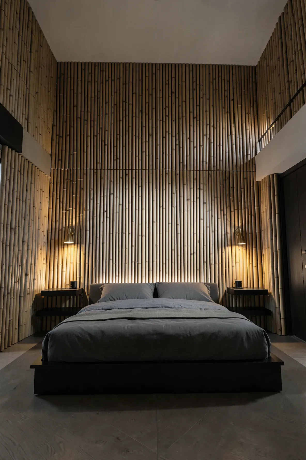 A modern bedroom with a dramatic floor-to-ceiling vertical bamboo slat feature wall behind the bed.