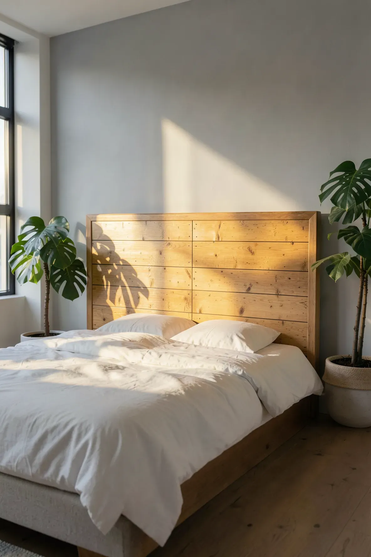 A DIY headboard made from interlocking bamboo flooring planks in a bright, modern bedroom.