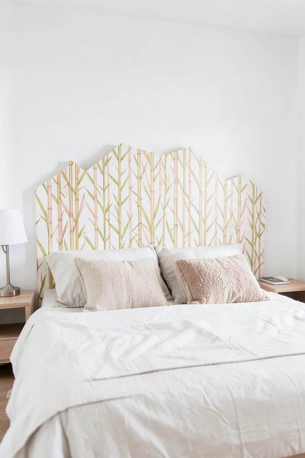 A creative faux headboard made from bamboo-patterned contact paper in a bright, minimalist bedroom.