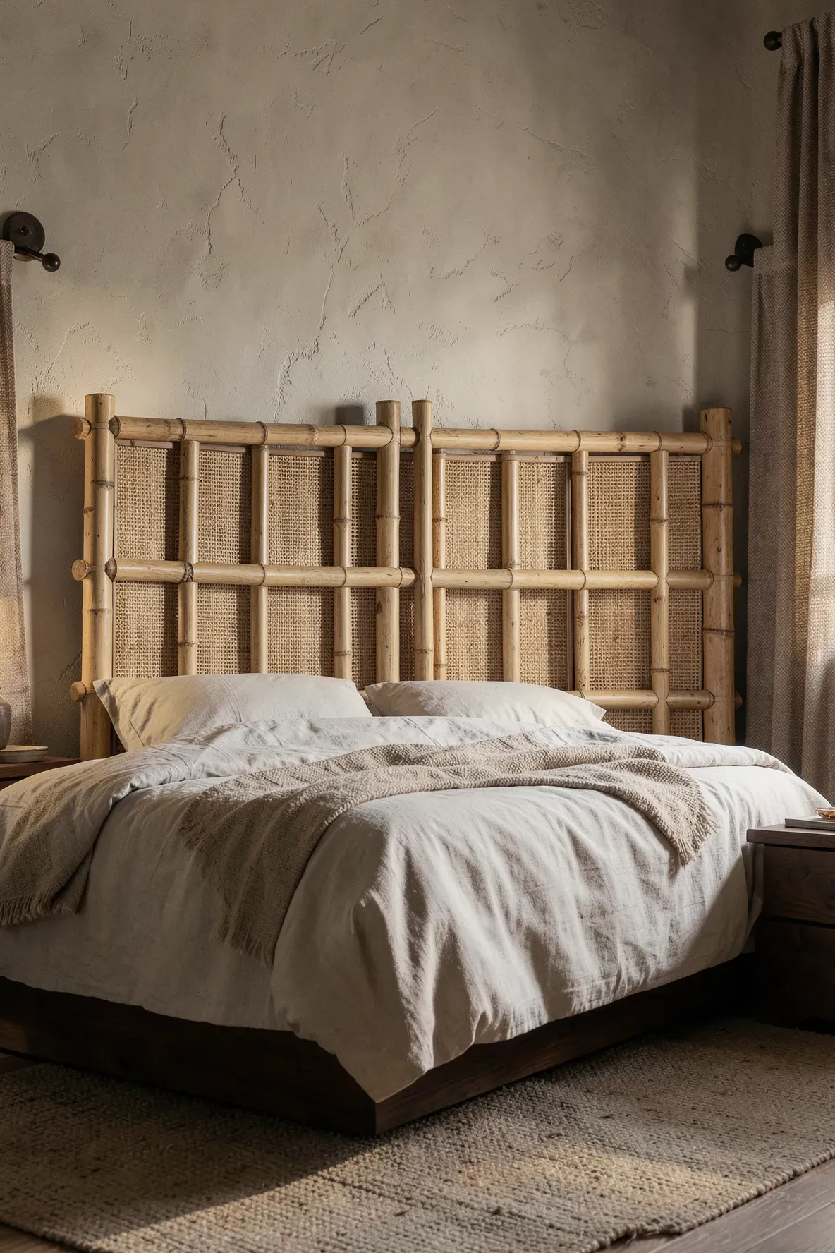A layered 3D headboard made from fine bamboo mats and thick bamboo poles for a textured look.