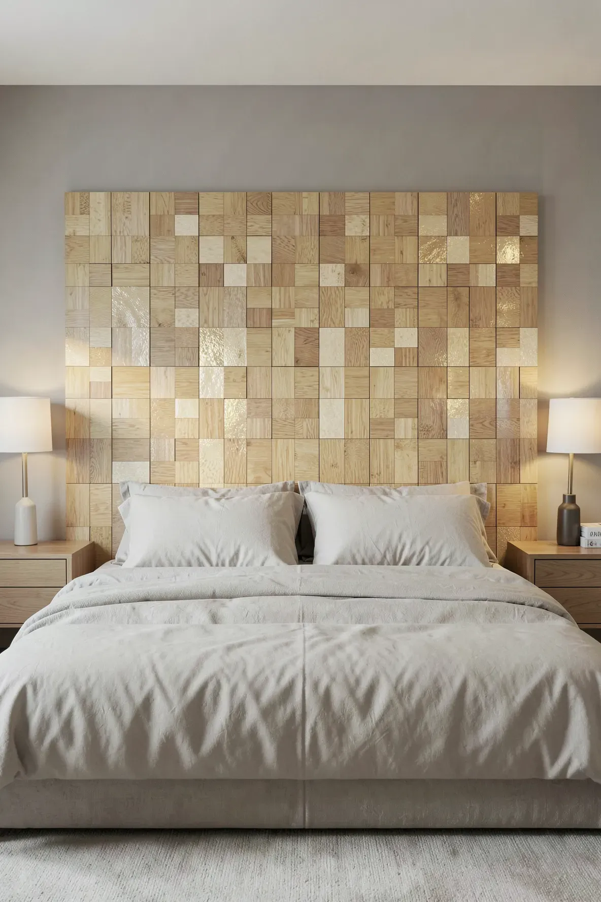 A sophisticated headboard made of square bamboo tiles in a checkerboard pattern.