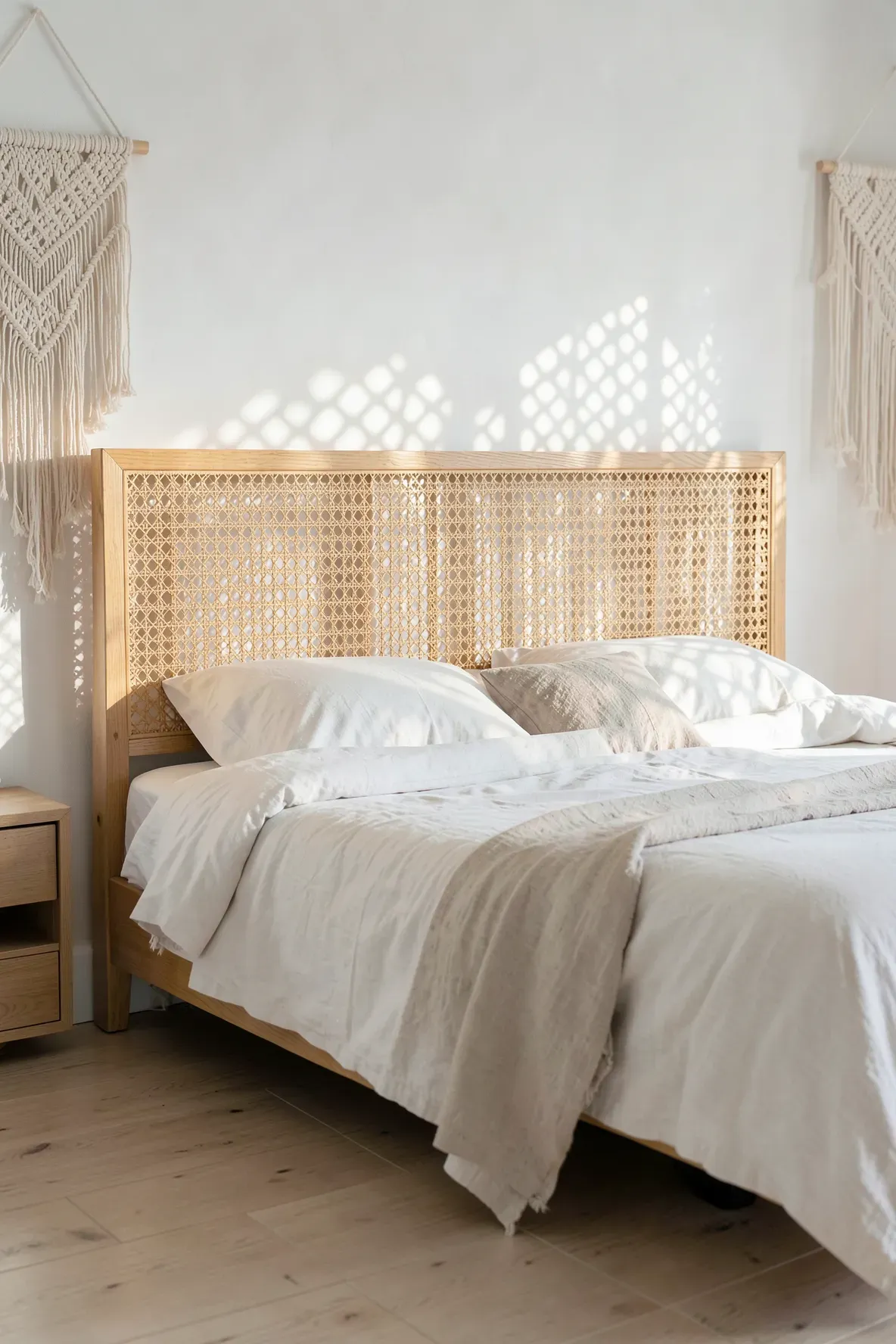 A DIY rattan headboard with a hexagonal cane weave in a bright, bohemian bedroom.