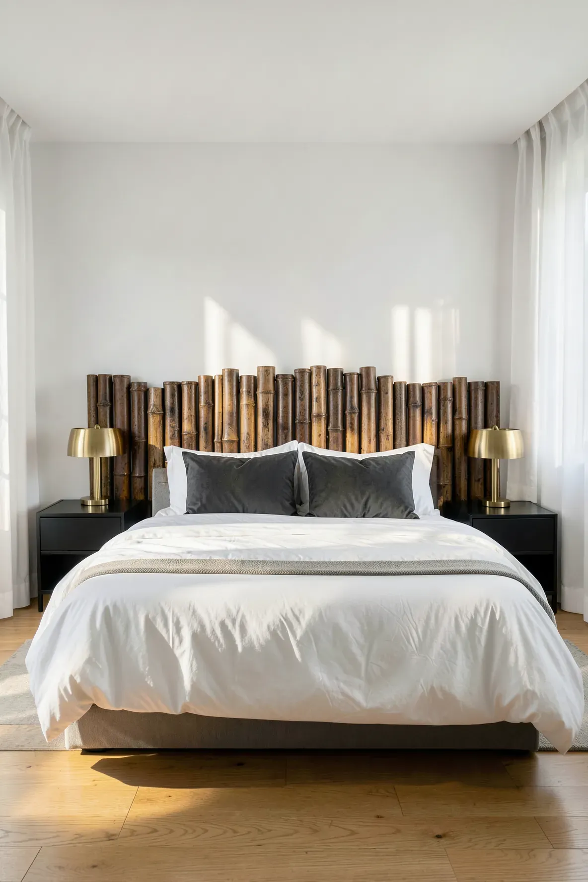 A modern bedroom with a dark espresso-stained bamboo pole headboard and white bedding.