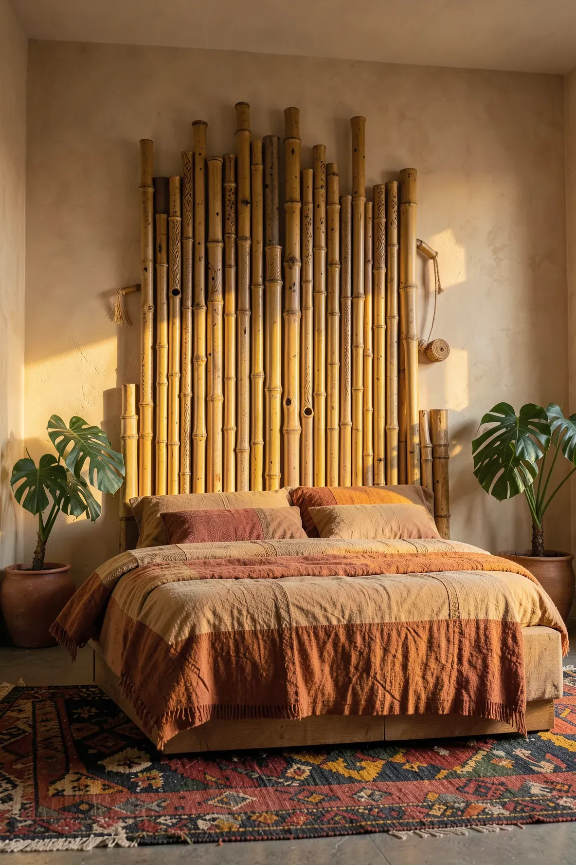 A bedroom featuring a unique headboard made of vertically mounted large bamboo flutes.