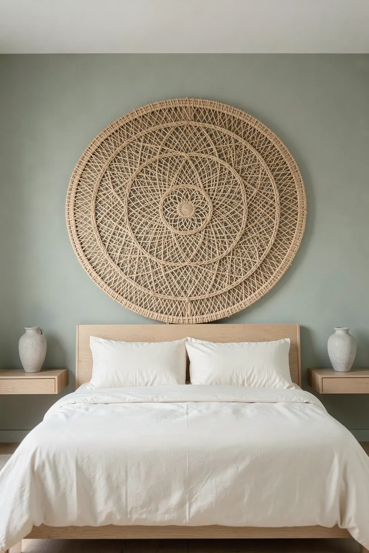 A large circular woven rattan mandala headboard centered in a peaceful sage green bedroom.