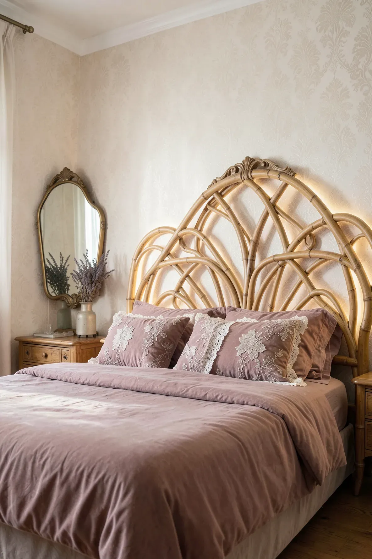 A romantic bedroom with a headboard made of steam-bent bamboo in flowing Art Nouveau curves.