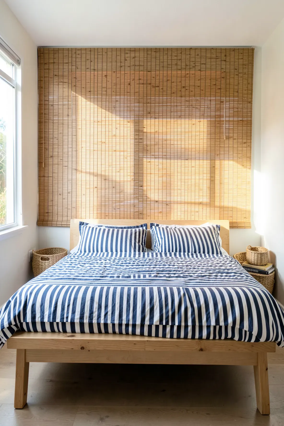 A bedroom using a natural bamboo roller blind as a creative and adjustable headboard.