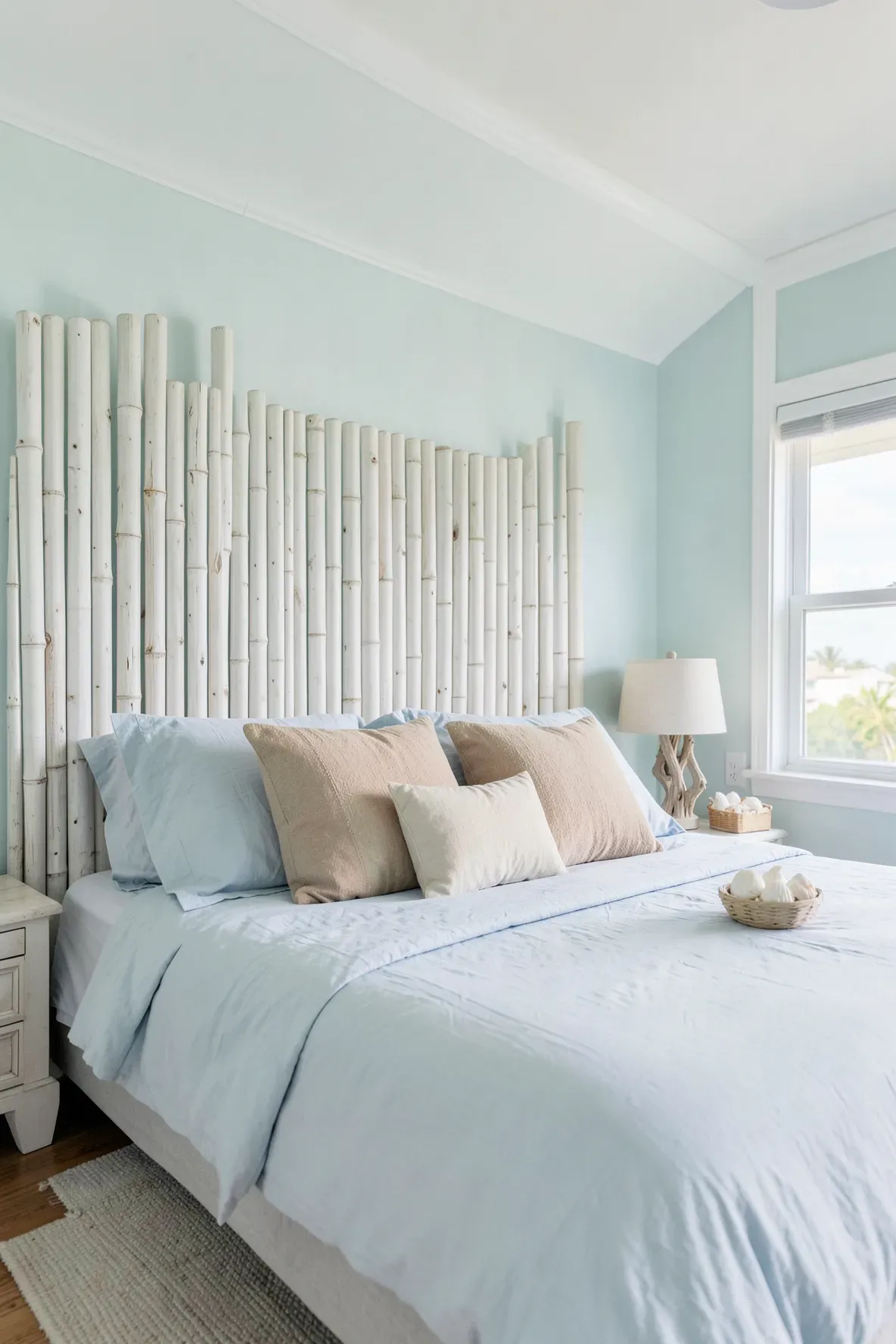A coastal bedroom with a whitewashed bamboo slat headboard and light blue decor.