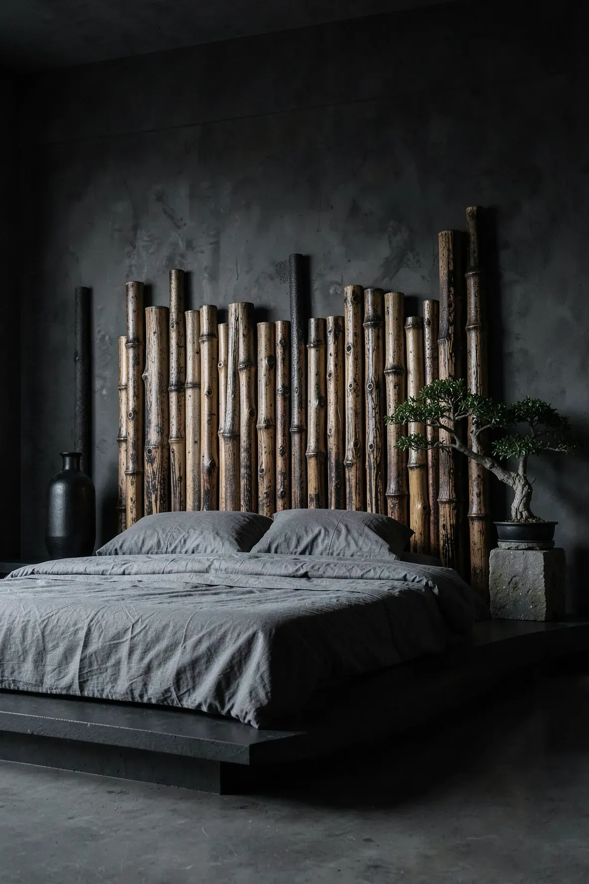 A moody bedroom with a charred Shou Sugi Ban bamboo pole headboard and dark grey accents.