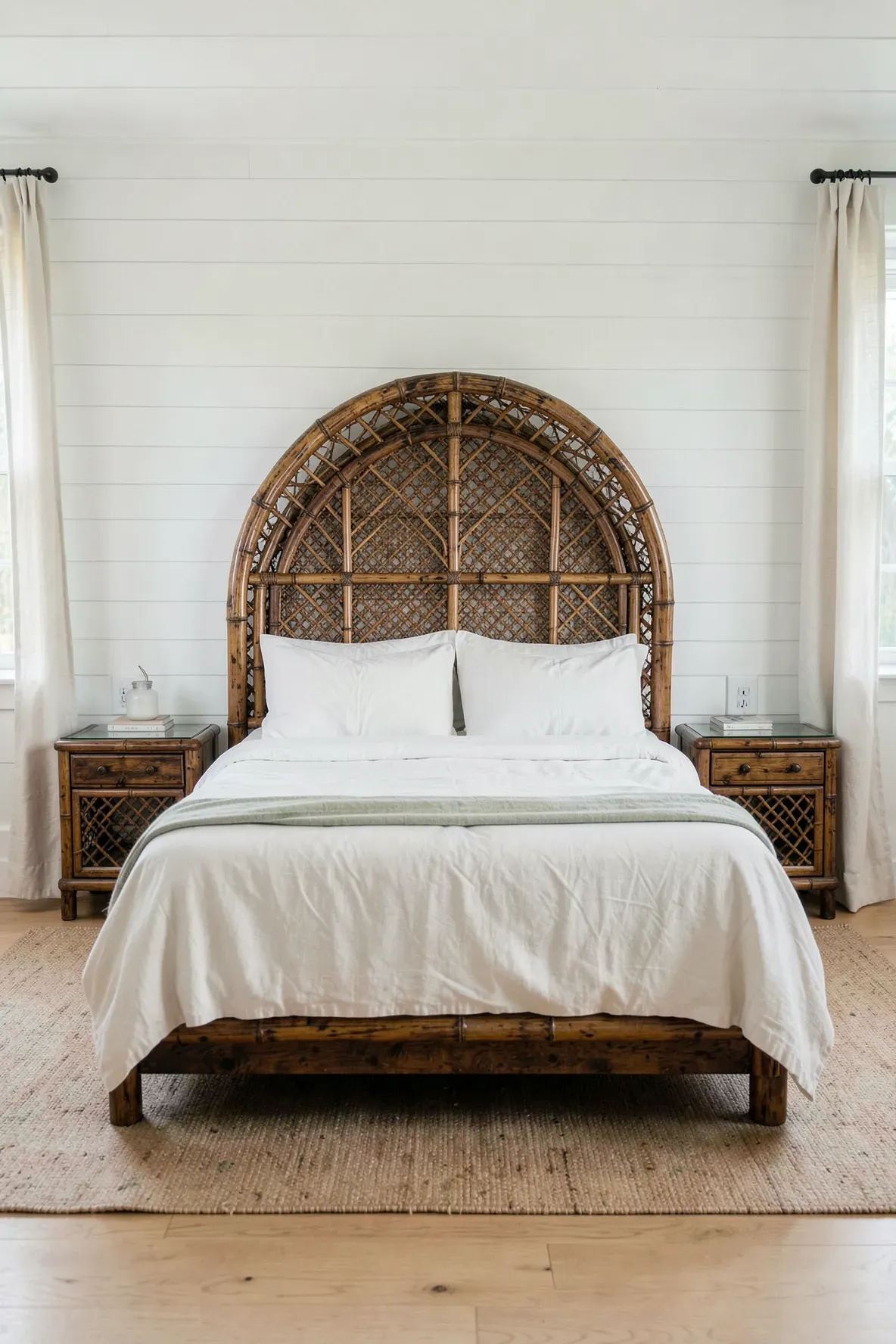 A vintage arched tortoise bamboo headboard with an intricate lattice design in a bright coastal bedroom.